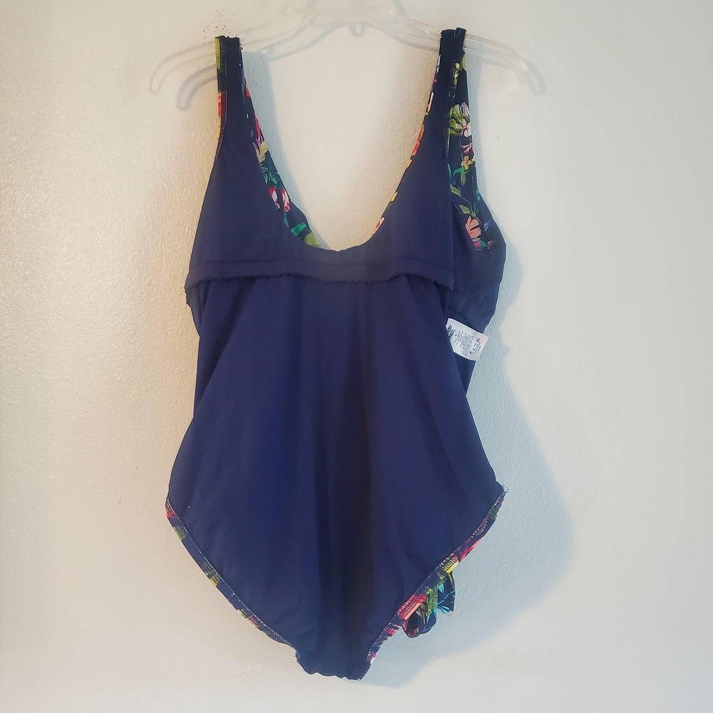 Lands End Swimsuit Womens 18 Blue Tropical Floral One Piece Tummy Control Ruched - Picture 6 of 8